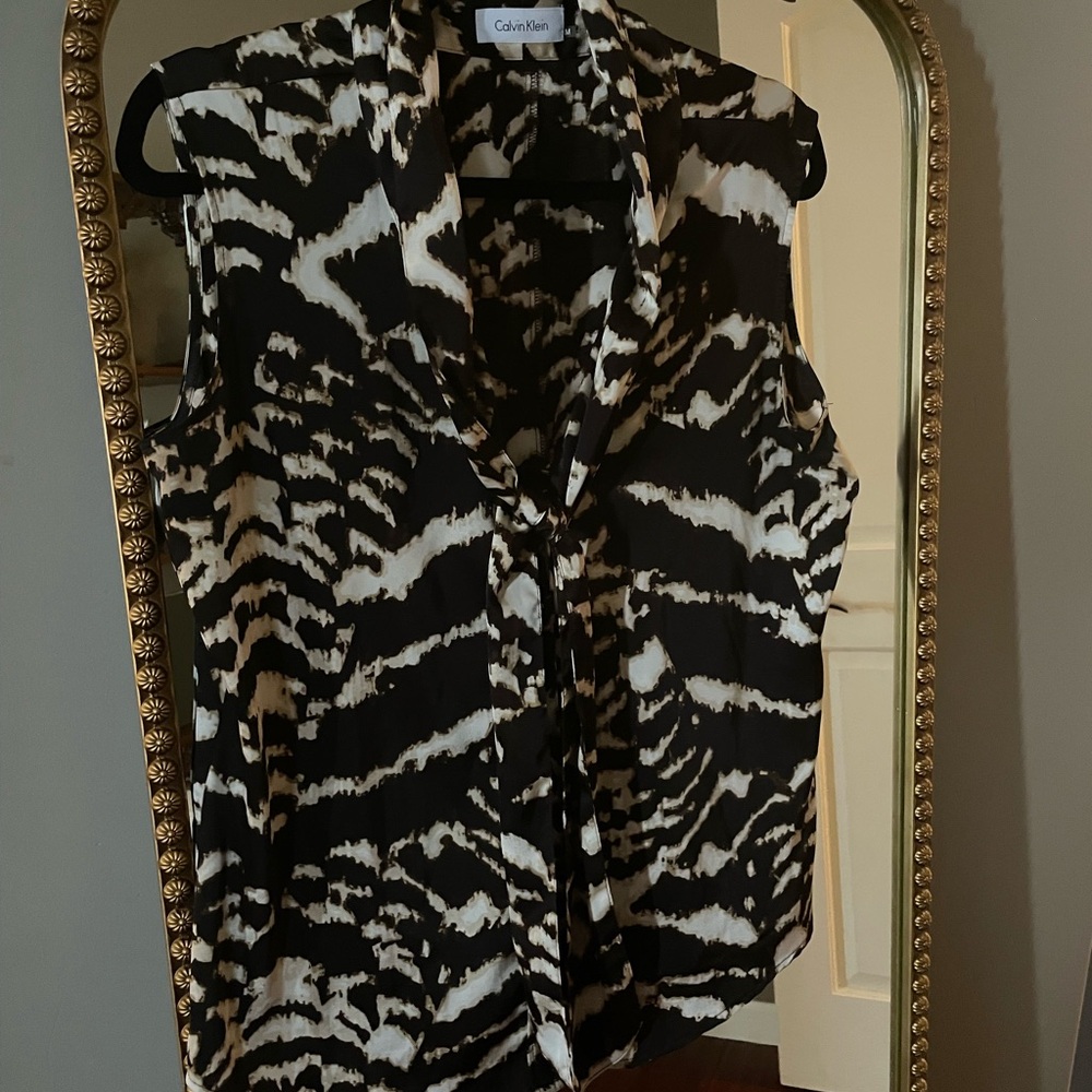 Calvin Klein Zebra Print Button Down blouse with front tie, size M